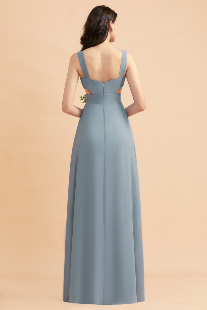 BMbridal A-Line Dusty Blue Chiffon Ruffles Bridesmaid Dress with Slit-BMbridal