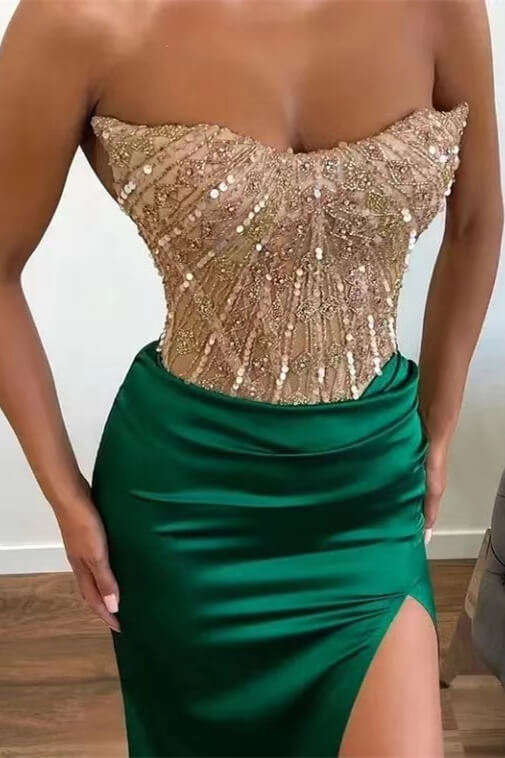 Green Appliques Beadings Mermaid Long Prom Dress Front Split With Strapless