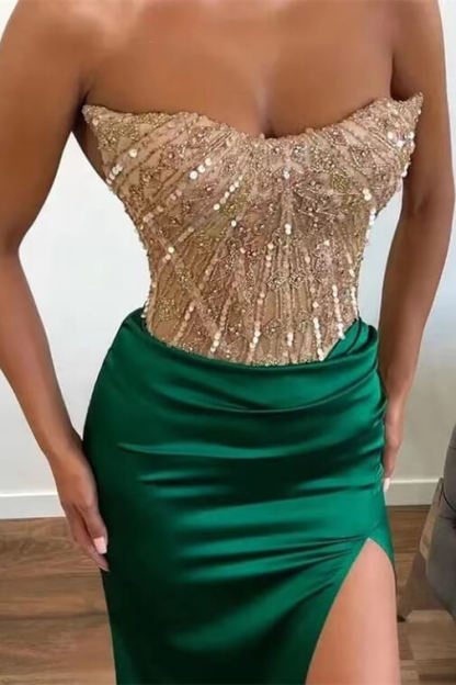 Green Appliques Beadings Mermaid Long Prom Dress Front Split With Strapless