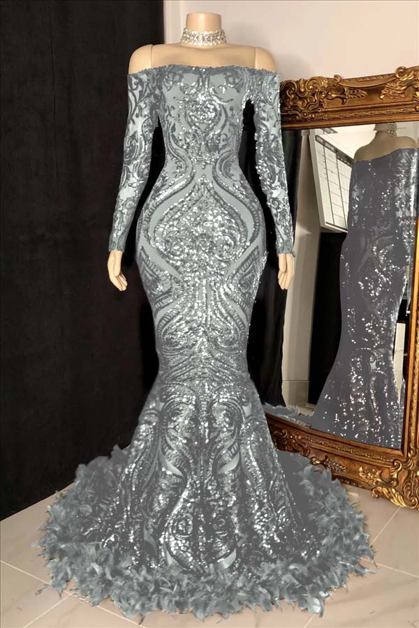 Long Sleeves Strapless Mermaid Prom Dress Sequins Burgundy With Feather