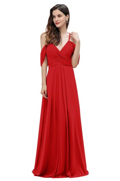 Elegant A-line Off-the-Shoulder V-neck Ruched Long Bridesmaid Dress-BMbridal