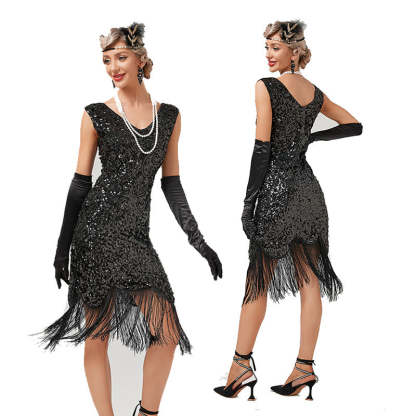 Vintage 1920s Gatsby Dress with V-Neck and Sequins in Sheath/Column Style