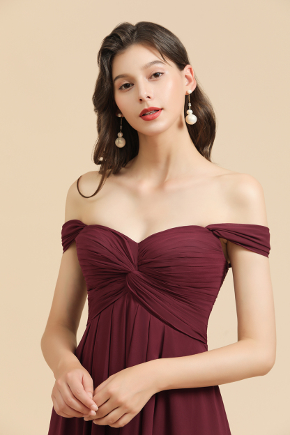 New Arrival A-line Off-the-shoulder Sweetheart Burgundy Long Bridesmaid Dress-BMbridal
