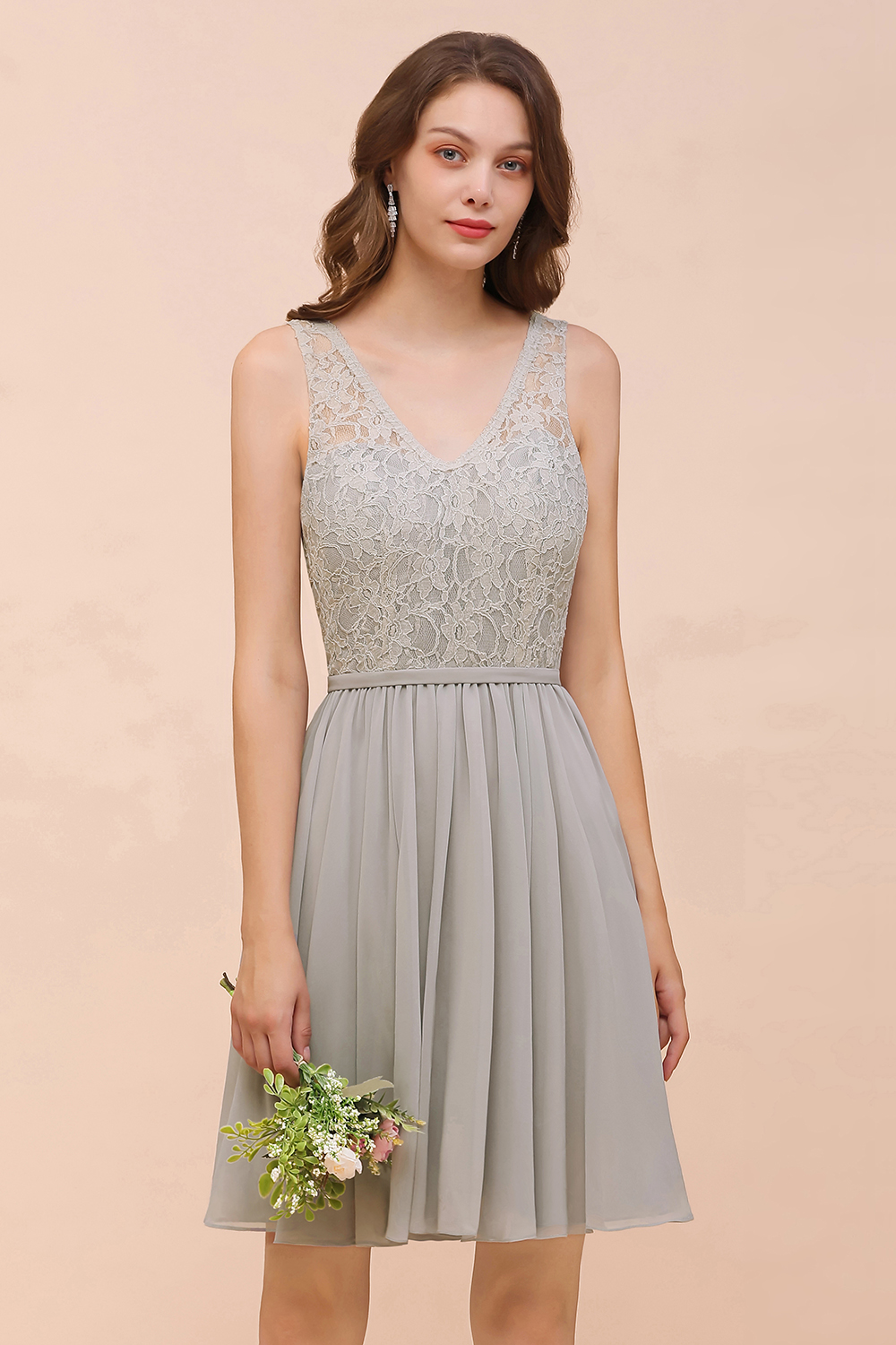 BMbridal Affordable Lace V-Neck Silver Chiffon Short Bridesmaid Dress Online-BMbridal
