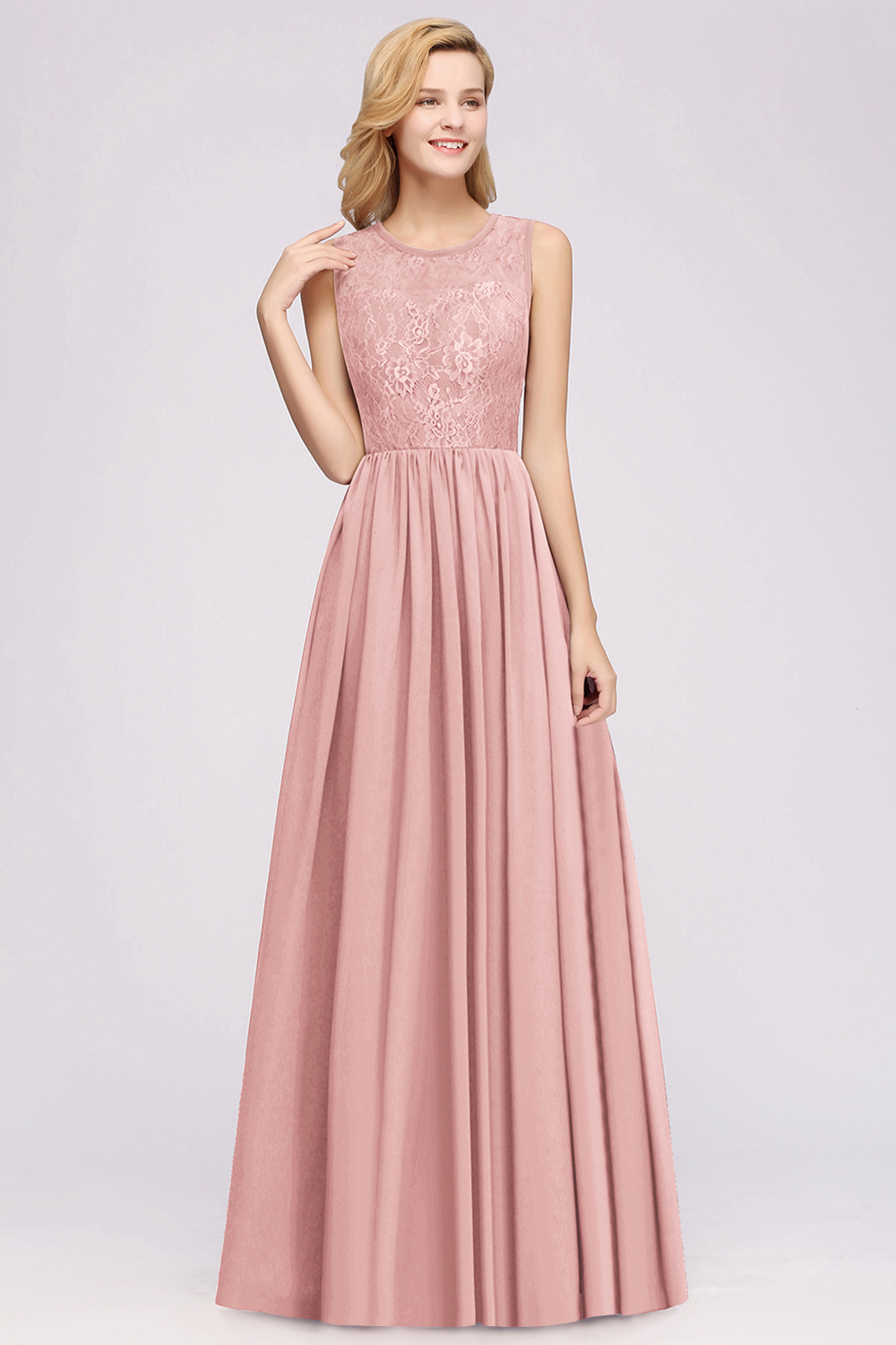 BMbridal Affordable Sleeveless Lace Pink Bridesmaid Dress With Hollowout Back-BMbridal