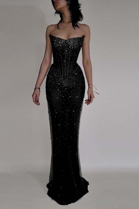 Strapless Sleeveless Mermaid Long Prom Dress With Beading Tulle