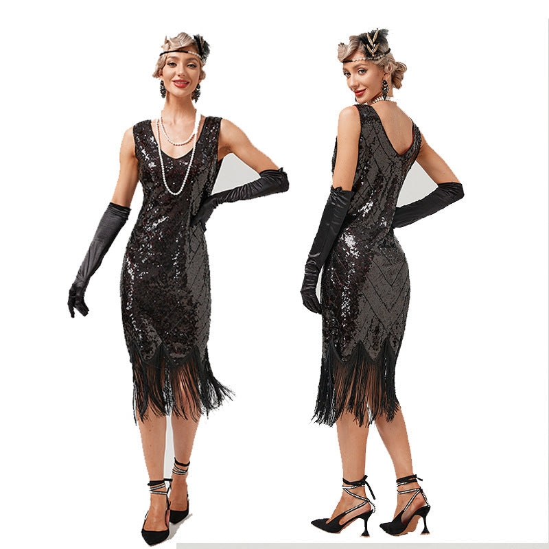 Vintage 1920s Gatsby Dress with V-Neck and Sequins in Sheath/Column Style