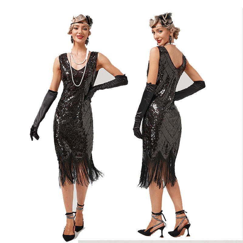 Vintage 1920s Gatsby Dress with V-Neck and Sequins in Sheath/Column Style