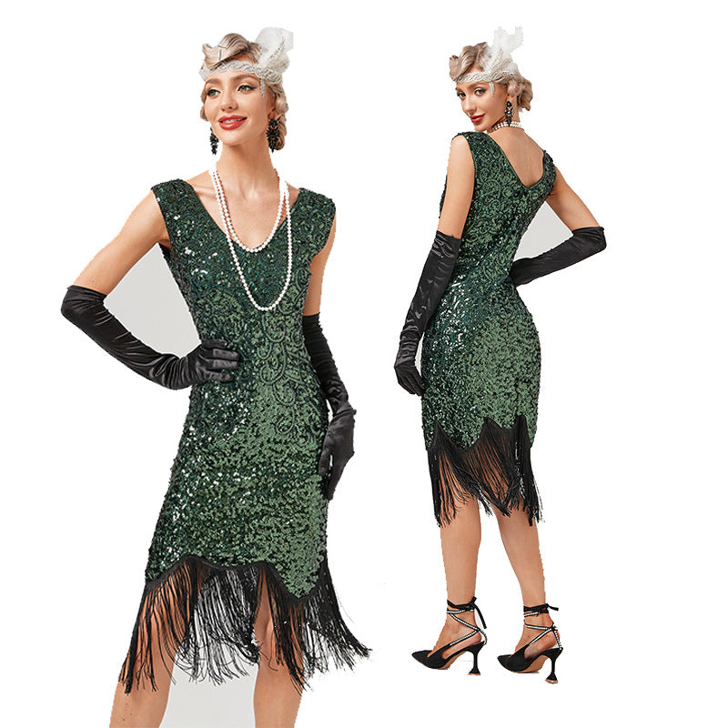 Vintage 1920s Gatsby Dress with V-Neck and Sequins in Sheath/Column Style