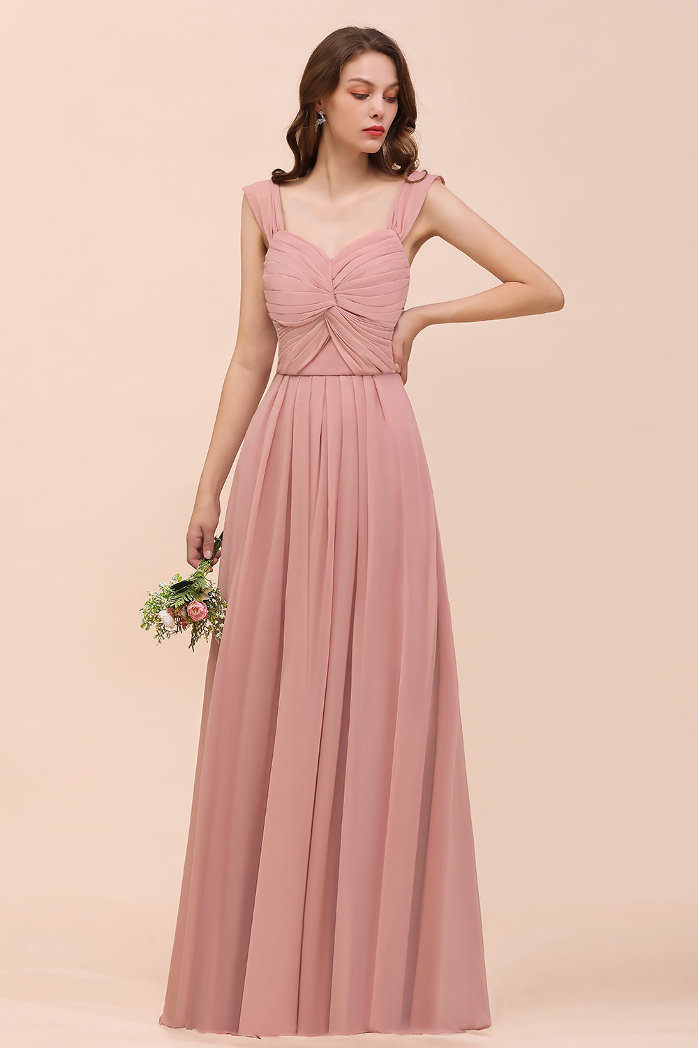 BMbridal Vintage Mauve Chiffon Straps Ruffle Affordable Bridesmaid Dress-BMbridal