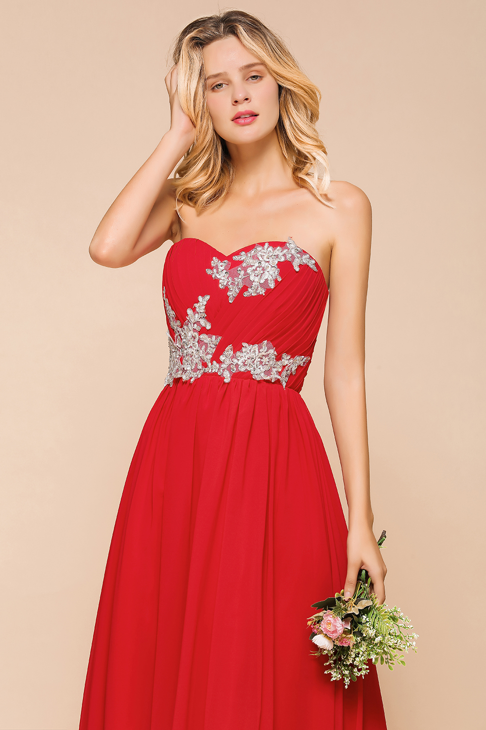 BMbridal Exuqisite Sweetheart Ruffle Red Bridesmaid Dresses with Appliques-BMbridal