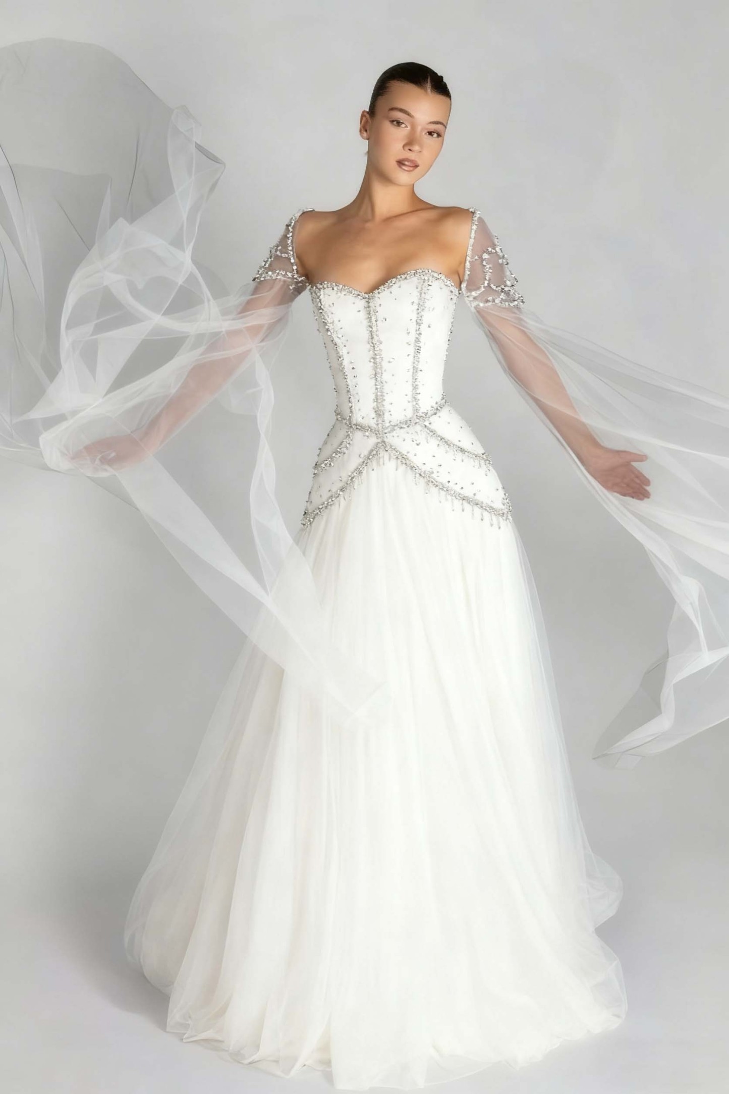 Long Sleeves Sweetheart Long A Line Prom Dress With Pleated Beading