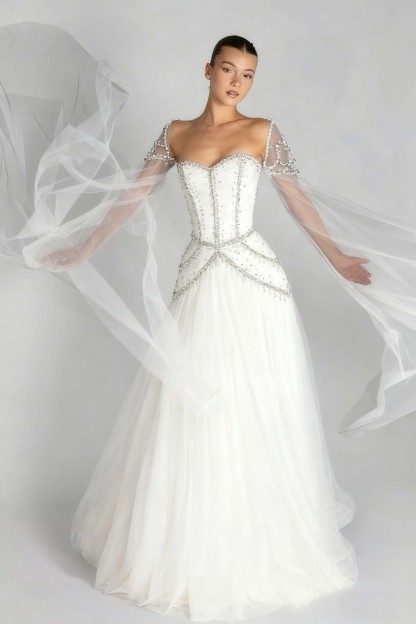 Long Sleeves Sweetheart Long A Line Prom Dress With Pleated Beading