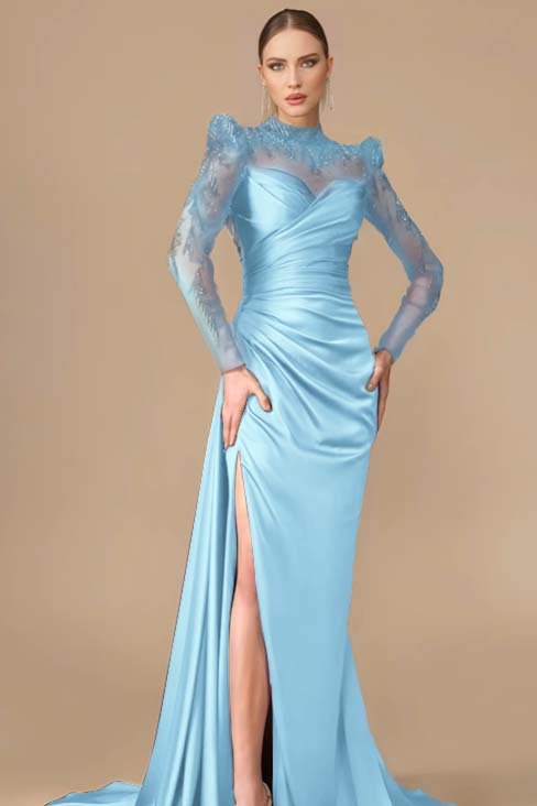 Long Sleeves Long Mermaid Prom Dress With Split Pleated Appliques