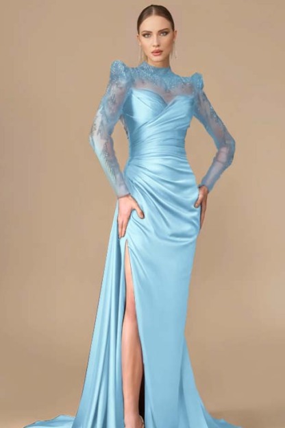 Long Sleeves Long Mermaid Prom Dress With Split Pleated Appliques