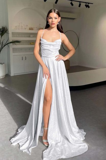 Halter Sleeveless Long Split Prom Dress With Pleated Sequins