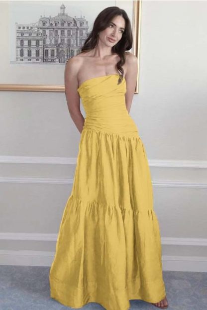 Strapless Sleeveless A Line Long Prom Dress With Pleated Pockets