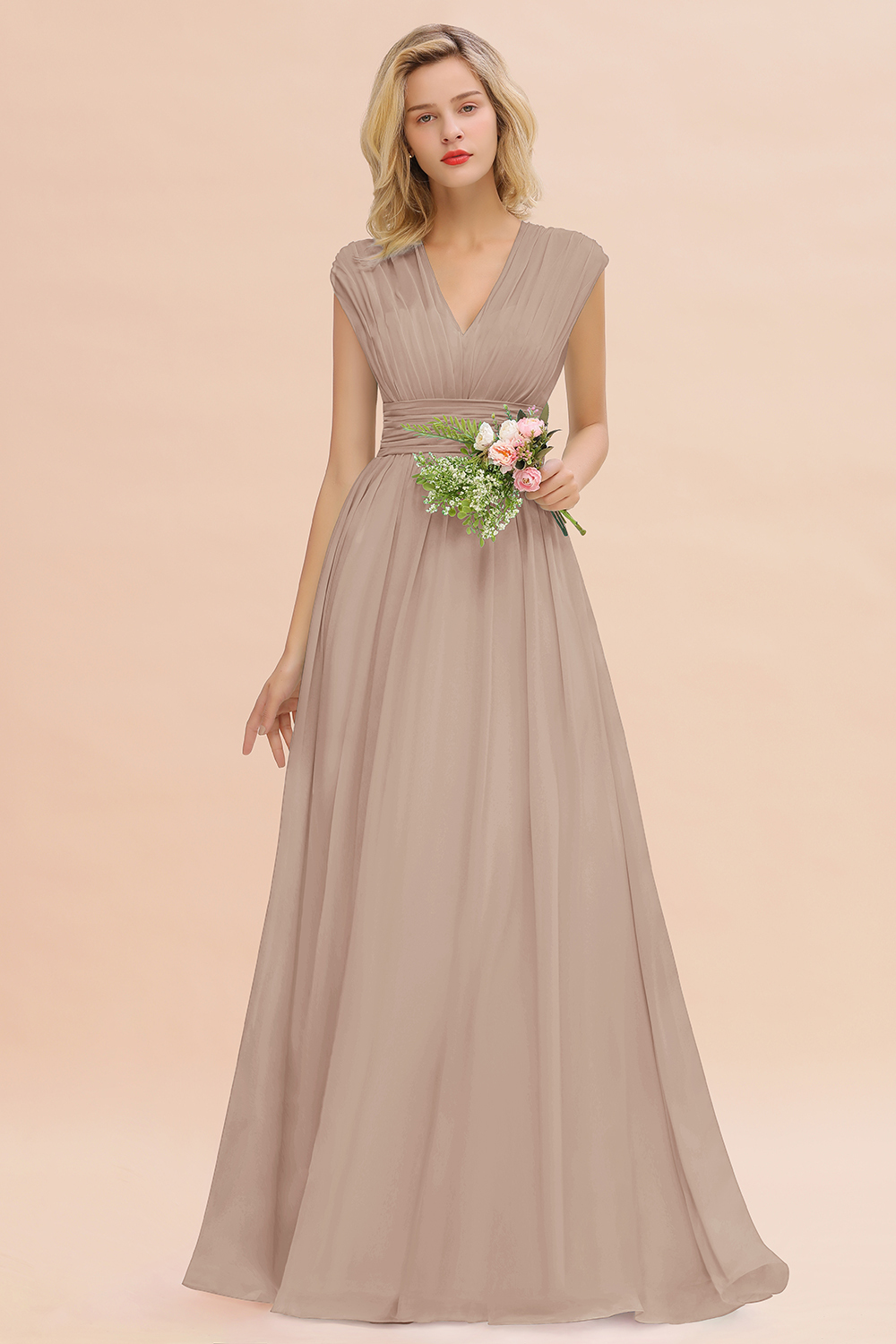 BMbridal Elegant Chiffon V-Neck Ruffle Long Bridesmaid Dresses Affordable-BMbridal