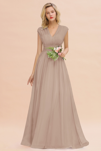 BMbridal Elegant Chiffon V-Neck Ruffle Long Bridesmaid Dresses Affordable-BMbridal