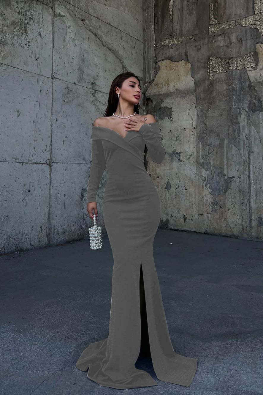 Off the Shoulder Long Sleeves Split Long Prom Dress With Pleated