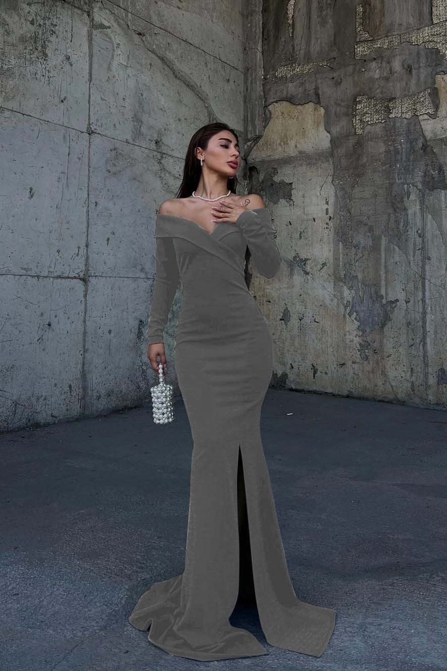 Off the Shoulder Long Sleeves Split Long Prom Dress With Pleated