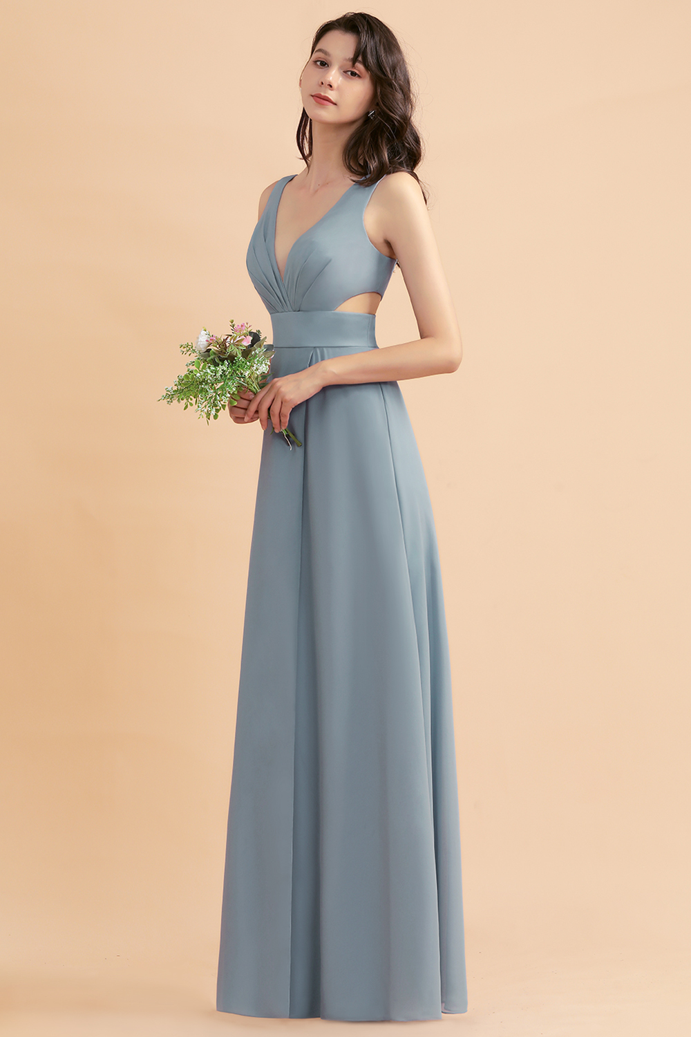 BMbridal A-Line Dusty Blue Chiffon Ruffles Bridesmaid Dress with Slit-BMbridal