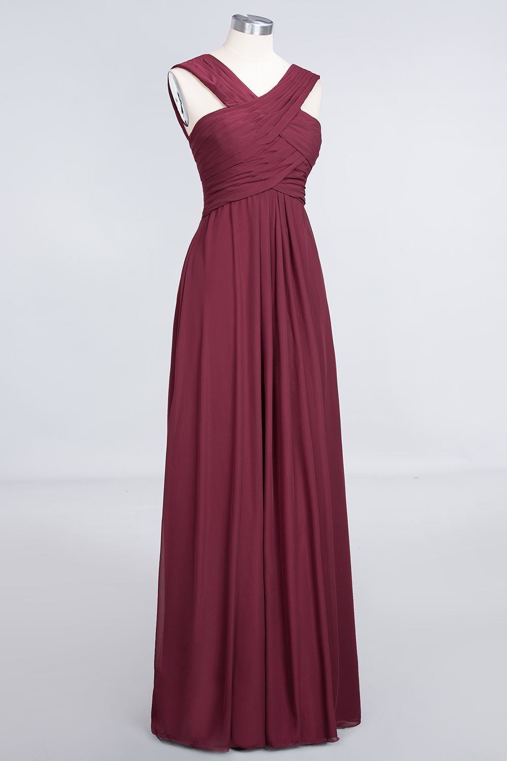 BMbridal Elegant Chiffon V-Neck Straps Crisscross Burgundy Bridesmaid Dress with Ruffle-BMbridal