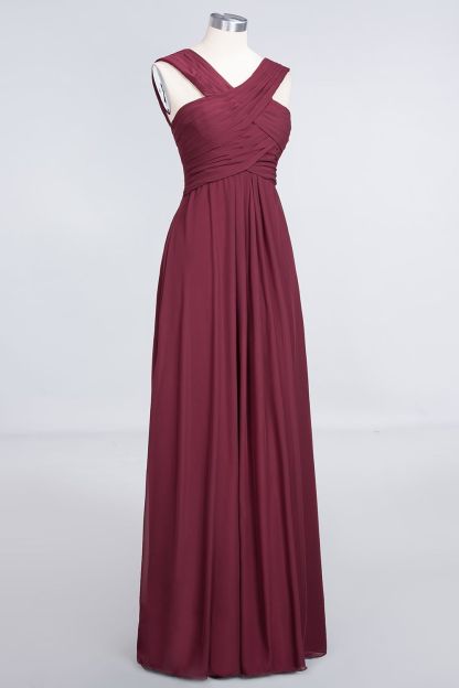 BMbridal Elegant Chiffon V-Neck Straps Crisscross Burgundy Bridesmaid Dress with Ruffle-BMbridal