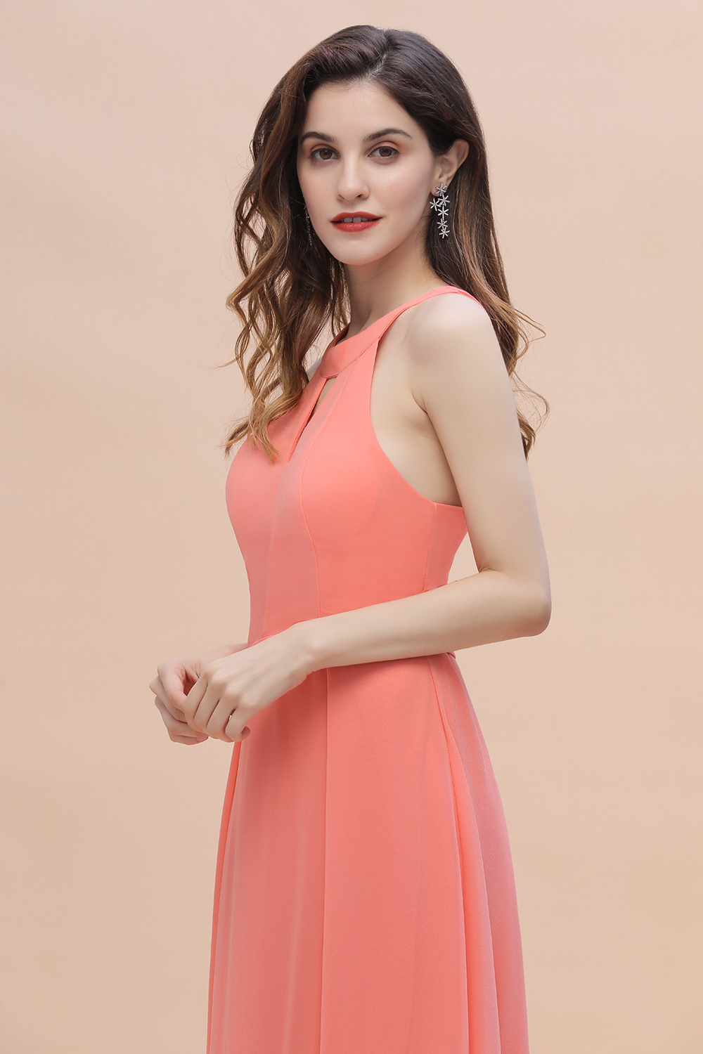 BMbridal Simple Jewel Sleeveless Coral Chiffon Bridesmaid Dress Online-BMbridal