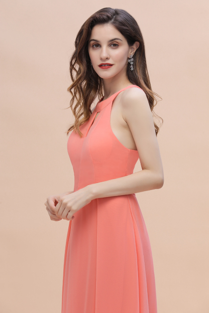 BMbridal Simple Jewel Sleeveless Coral Chiffon Bridesmaid Dress Online-BMbridal