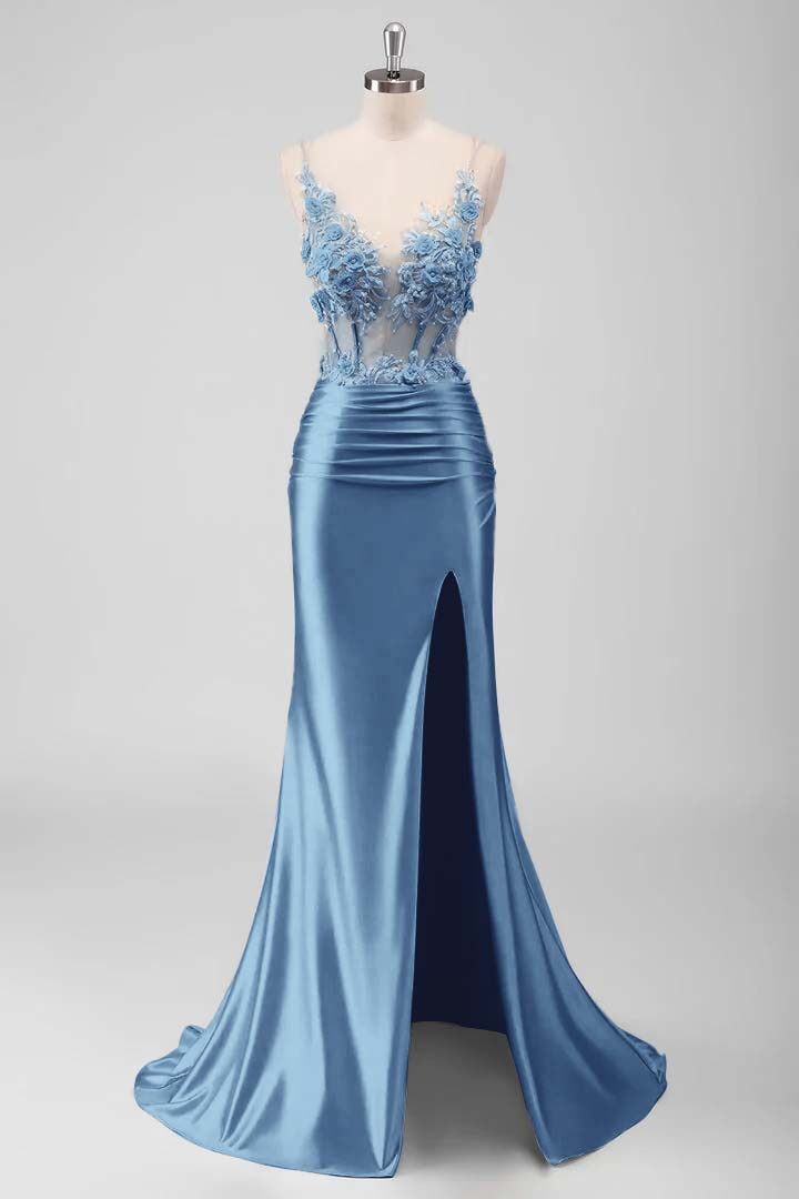 Sleeveless Spaghetti Strap Long Split Mermaid Prom Dress With Appliques