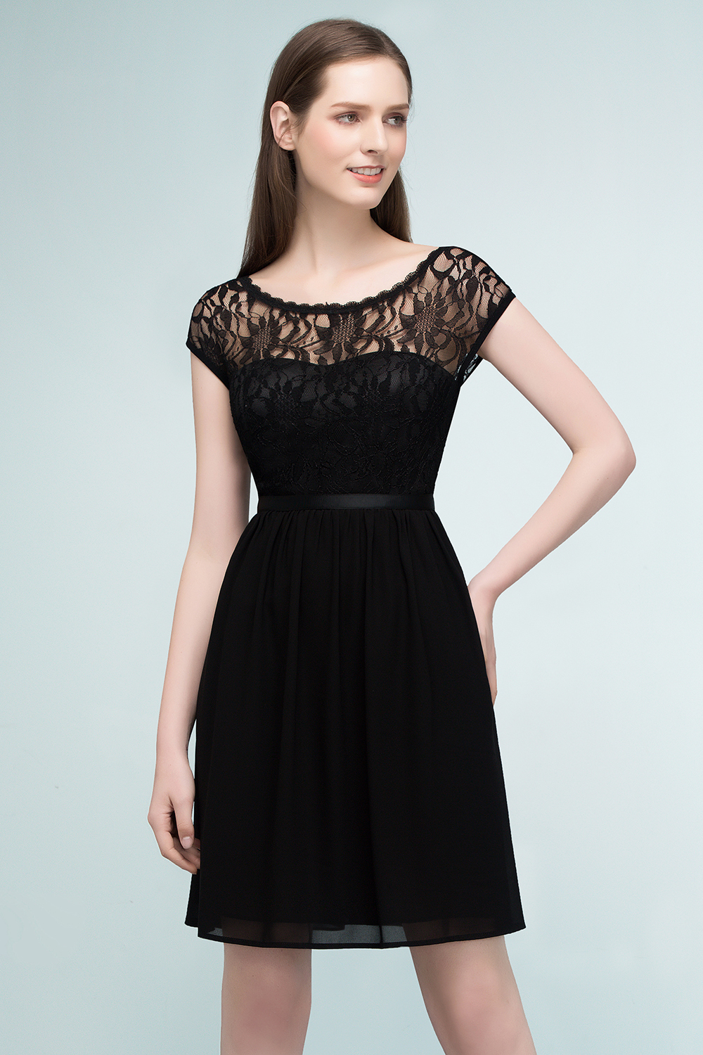 BMbridal Pretty Scoop Sleeveless Black Lace Short Junior Bridesmaid Dress-BMbridal