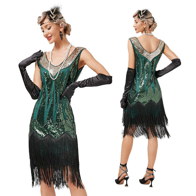 Vintage 1920s Sequined V-Neck Sheath Dress for Costume Parties