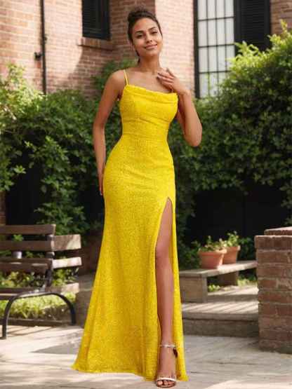 Radiant Daffodil Spaghetti Strap Sequin Gown with High Slit