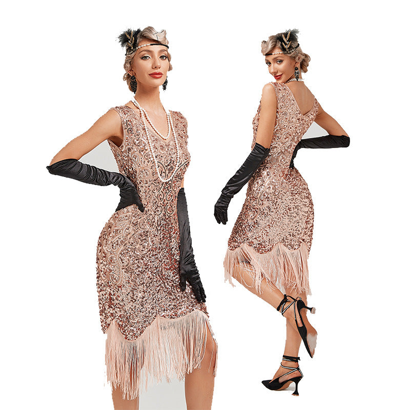 Vintage 1920s Gatsby Dress with V-Neck and Sequins in Sheath/Column Style