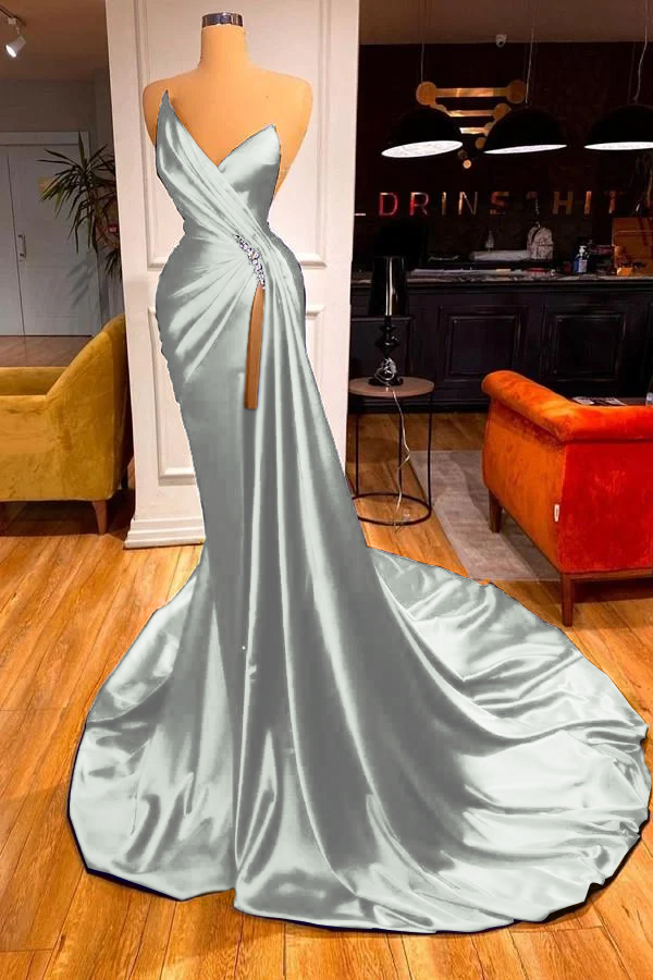 Strapless Sleeveless High Split Long Prom Dress With Beading