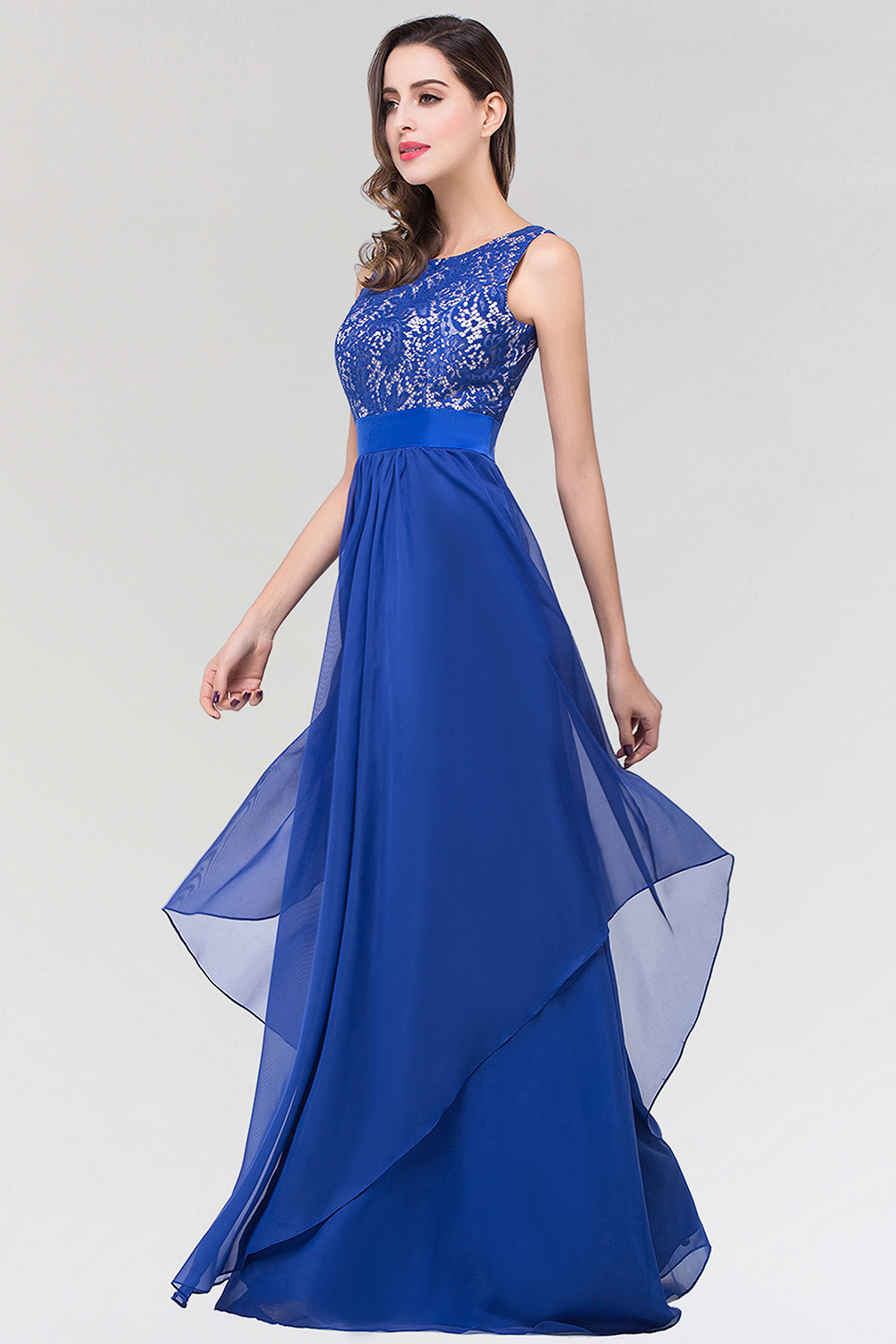 BMbridal Elegant Lace Jewel Long Chiffon Bridesmaid Dress with Asymmetric Hemline-BMbridal