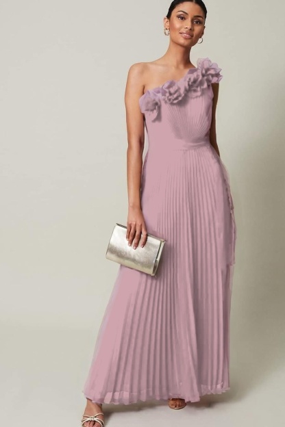 Chiffon One Shoulder Sleeveless Long Prom Dress With Pleated