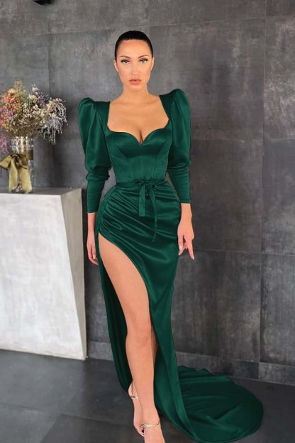 Glamorous Dusty Sage Long Sleeves Pleated Long Prom Dress Split With Belt