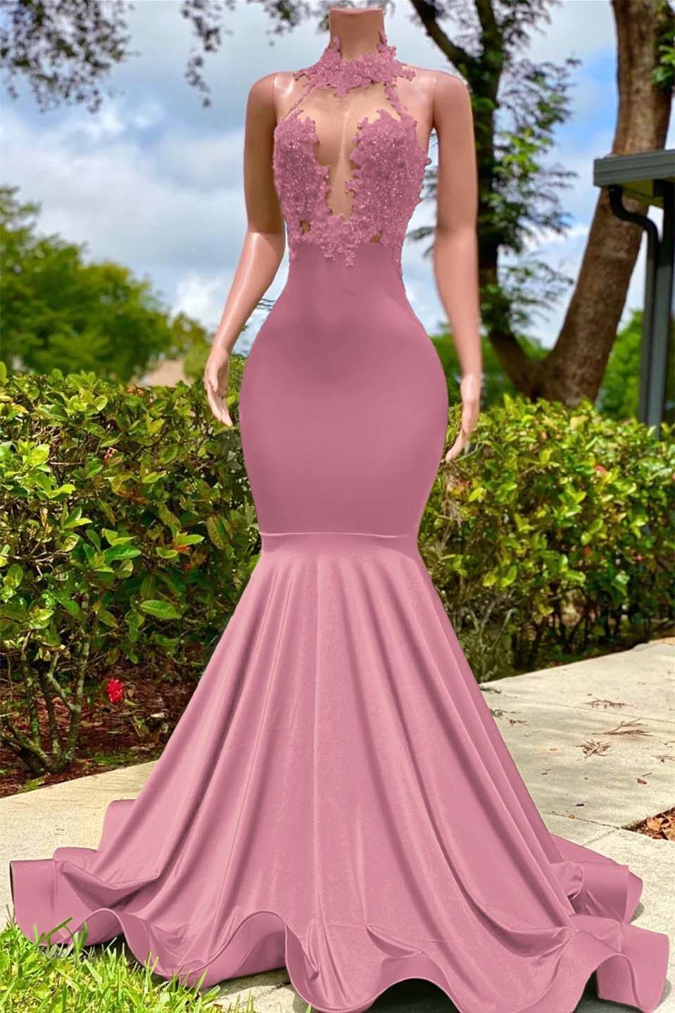Halter Sleeveless Long Mermaid Prom Dress With Appliques Ruffles