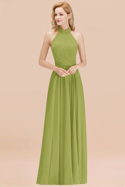 BMbridal Gorgeous High-Neck Halter Backless Bridesmaid Dress Dusty Rose Chiffon Maid of Honor Dress-BMbridal