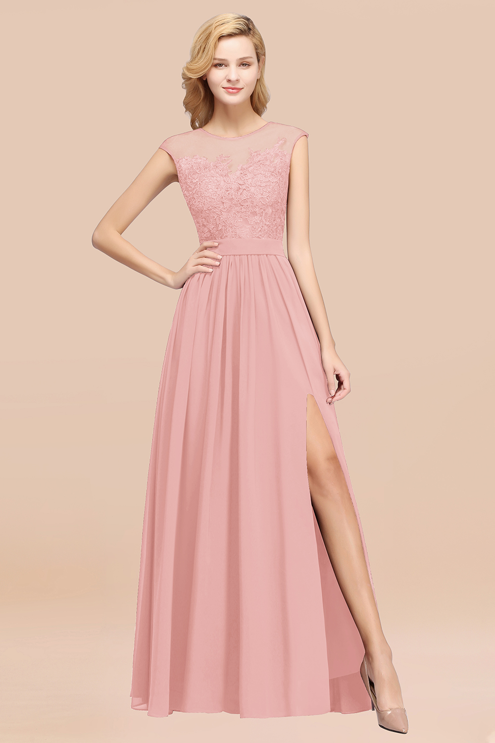 BMbridal Affordable Scoop Lace Appliques Yellow Bridesmaid Dresses with Slit-BMbridal