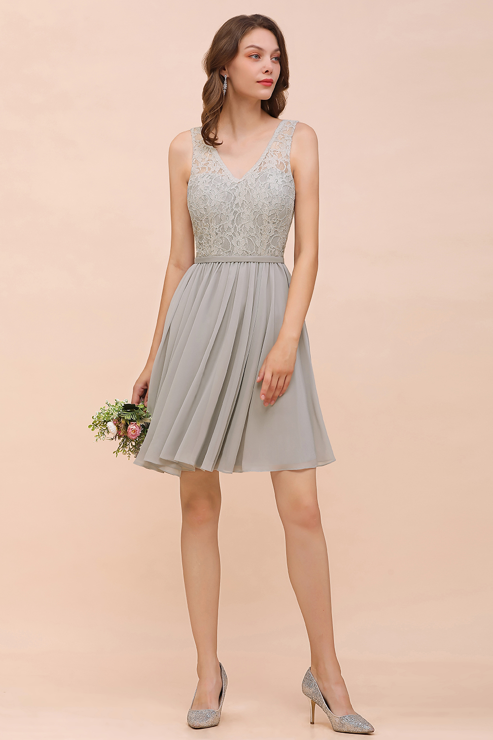 BMbridal Affordable Lace V-Neck Silver Chiffon Short Bridesmaid Dress Online-BMbridal