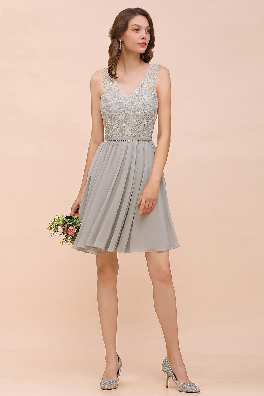 BMbridal Affordable Lace V-Neck Silver Chiffon Short Bridesmaid Dress Online-BMbridal