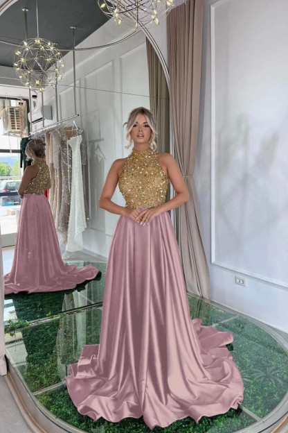 Elegant Sequins Prom Dress Gold Black Long Sleeveless Halter