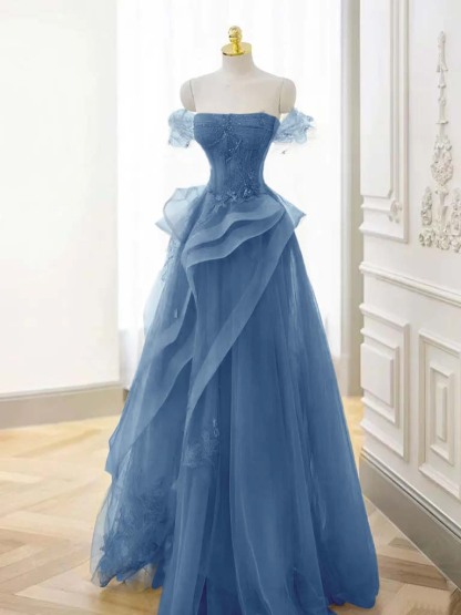 Tulle Off the Shoulder Sleeveless Long Prom Dress With Appliques