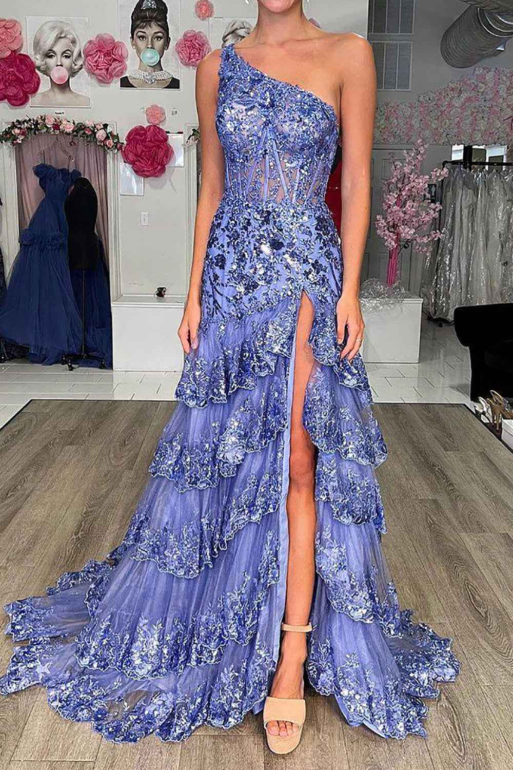 Sparkly A Line One Shoulder Navy Lace Corset Prom Dress with Ruffles