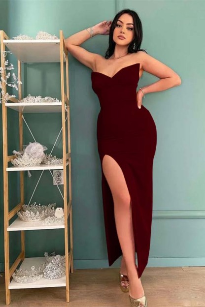 Sleeveless Strapless Long High Split Prom Dress With Pleated