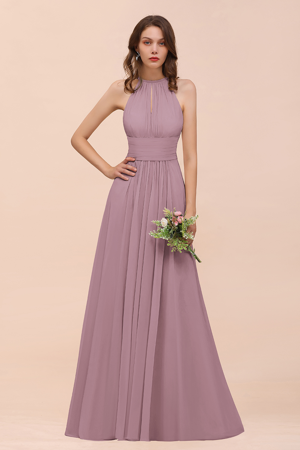 BMbridal Elegant Chiffon Jewel Ruffle Champagne Affordable Bridesmaid Dress Online-BMbridal