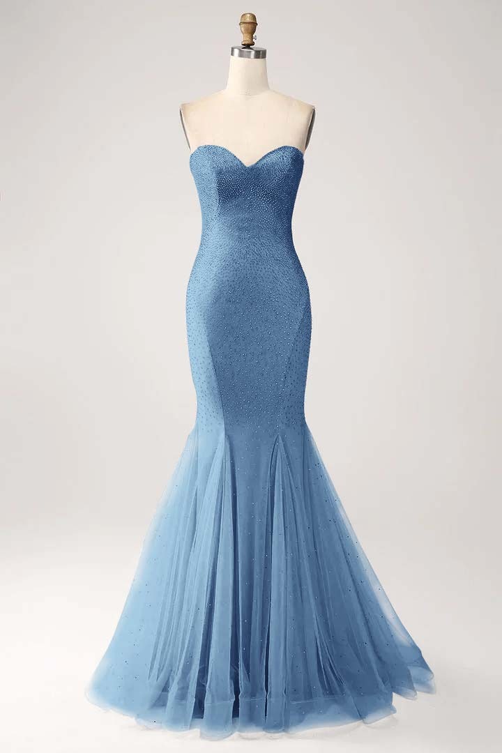 Strapless Sleeveless Long Mermaid Prom Dress With Beading Tulle